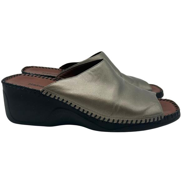 New Naturalizer Pewter Leather Slide Sandals 11 Wedge Slip-On Metallic Comfort - Picture 1 of 14